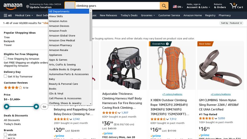 Amazon climbing gear search results
